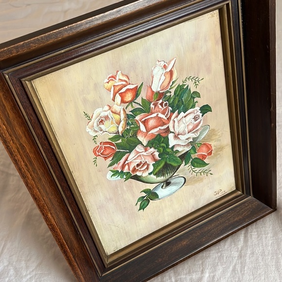 Vintage Oil Painting c1947 Bouquet of‎ Roses in Wooden Frame Signed - Picture 13 of 14